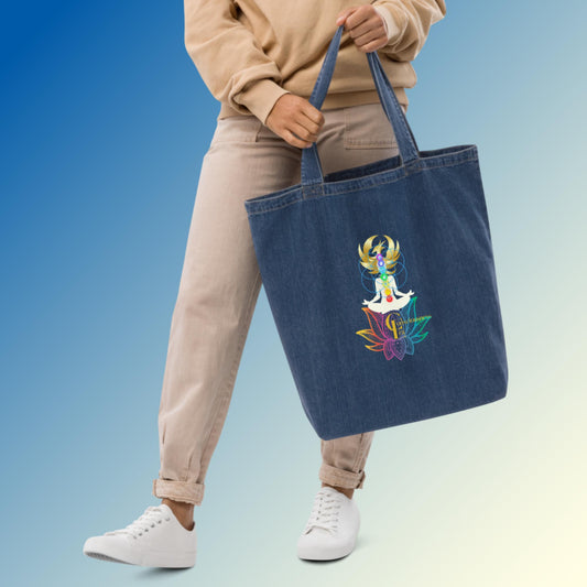 Organic denim tote bag with Lotus Flower, Chakra Meditation, Flower of Life and Phoenix Rising