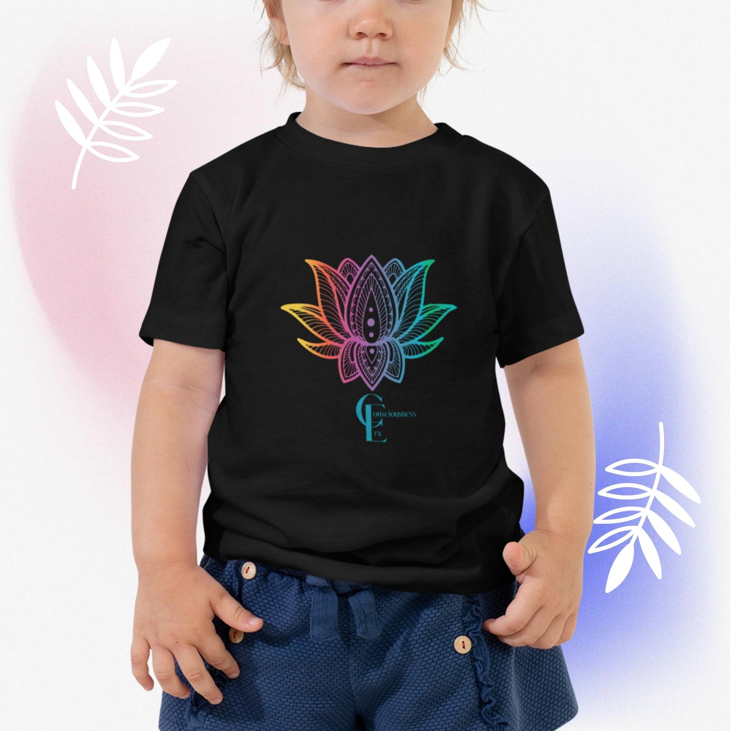 Toddler Short Sleeve Tee with Rainbow Lotus Flower and Consciousness Era logo