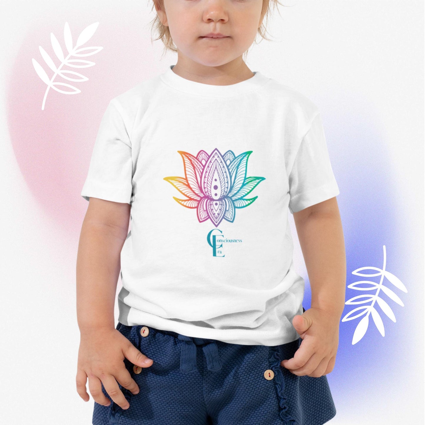 Toddler Short Sleeve Tee with Rainbow Lotus Flower and Consciousness Era logo