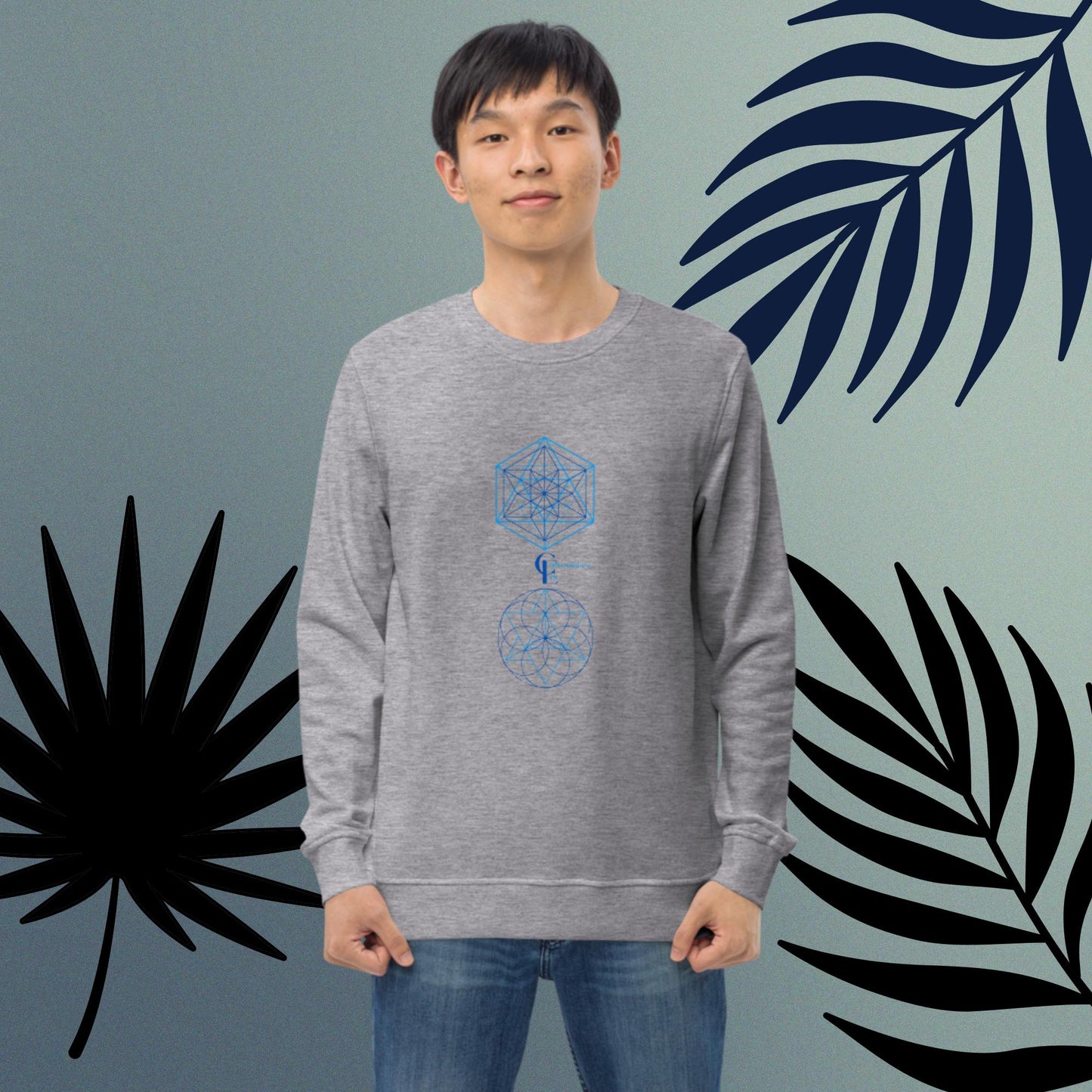 Organic sweatshirt for Men with Sacred Geometry Patternes and Consciousness Era logo