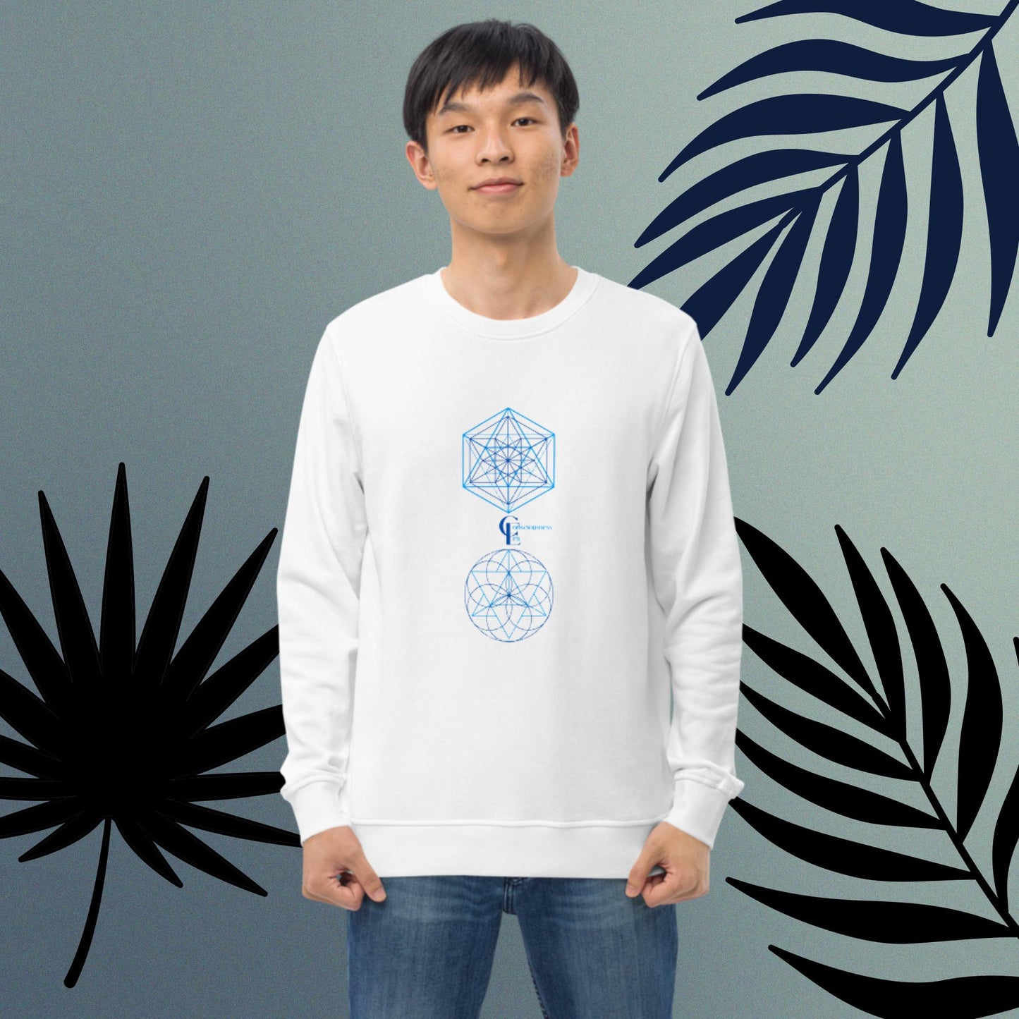 Organic sweatshirt for Men with Sacred Geometry Patternes and Consciousness Era logo