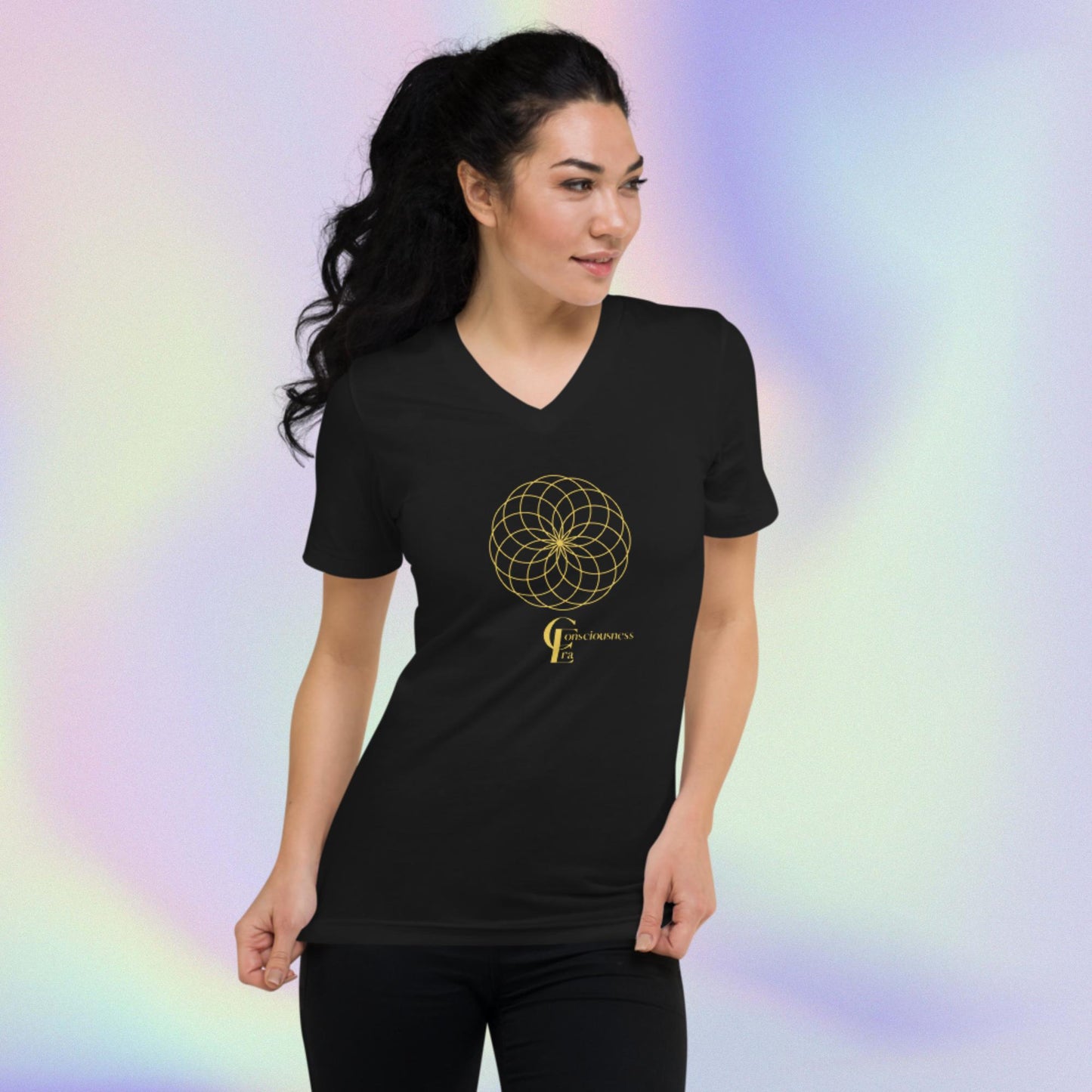 Short Sleeve V-Neck T-Shirt with Golden Flower of Life Symbol