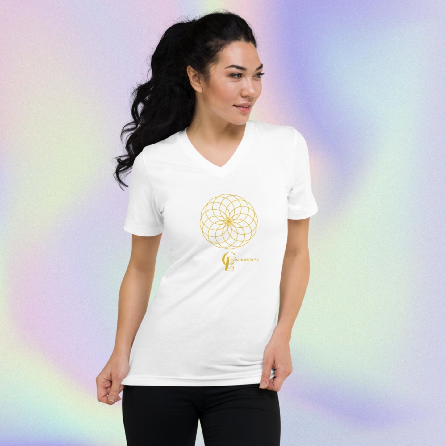 Short Sleeve V-Neck T-Shirt with Golden Flower of Life Symbol