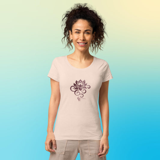 Women’s basic organic t-shirt with Lotus Flower and Consciousness Era logo