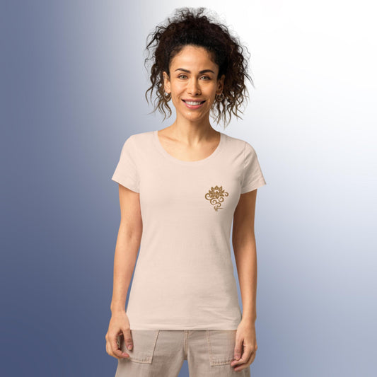 Women’s basic organic t-shirt with Embroidered Golden Lotus Flower