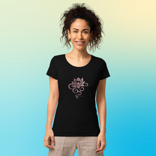 Women’s basic organic t-shirt with Lotus Flower and Consciousness Era logo