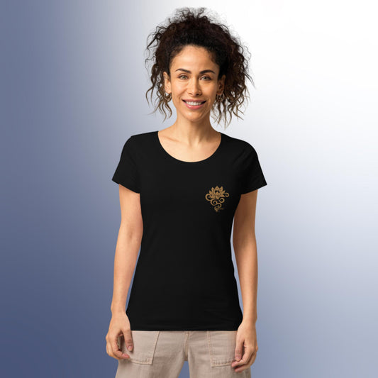 Women’s basic organic t-shirt with Embroidered Golden Lotus Flower