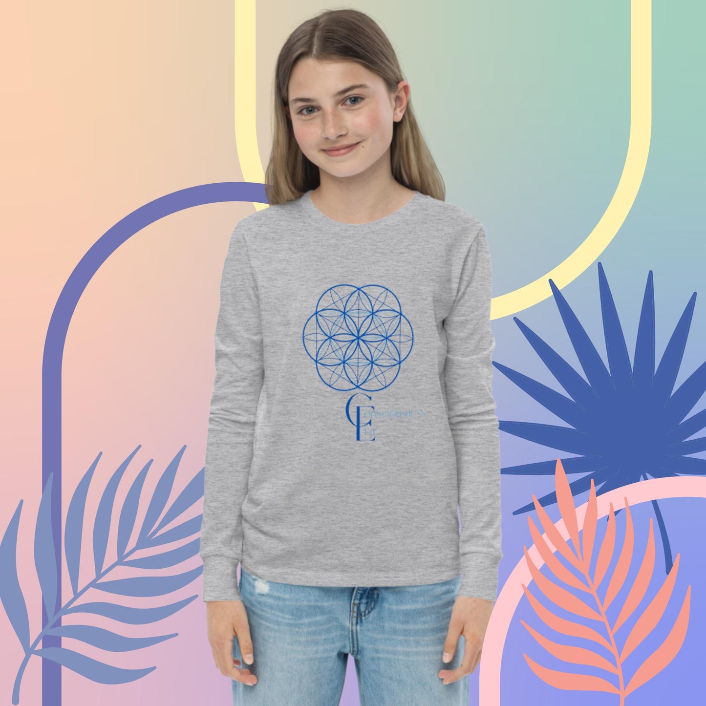 Youth long sleeve tee with Consciousness Era Logo and Sacred Geometry Pattern