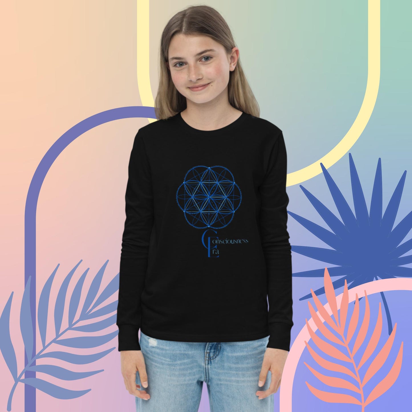 Youth long sleeve tee with Consciousness Era Logo and Sacred Geometry Pattern