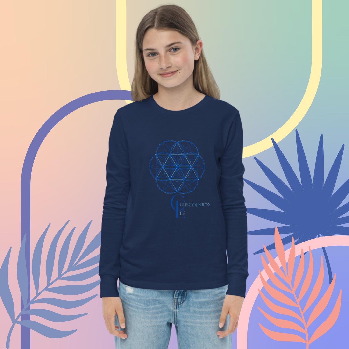 Youth long sleeve tee with Consciousness Era Logo and Sacred Geometry Pattern