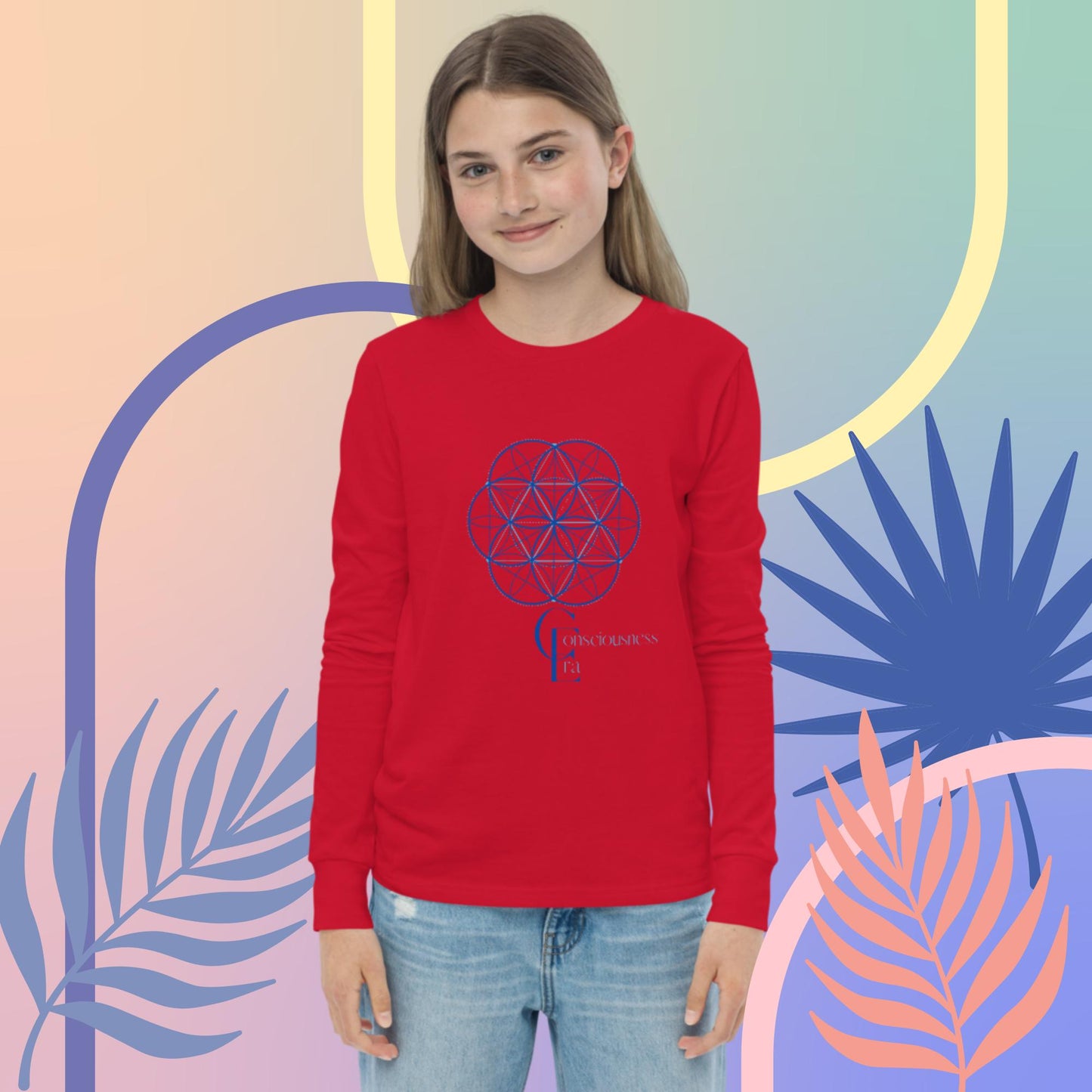 Youth long sleeve tee with Consciousness Era Logo and Sacred Geometry Pattern