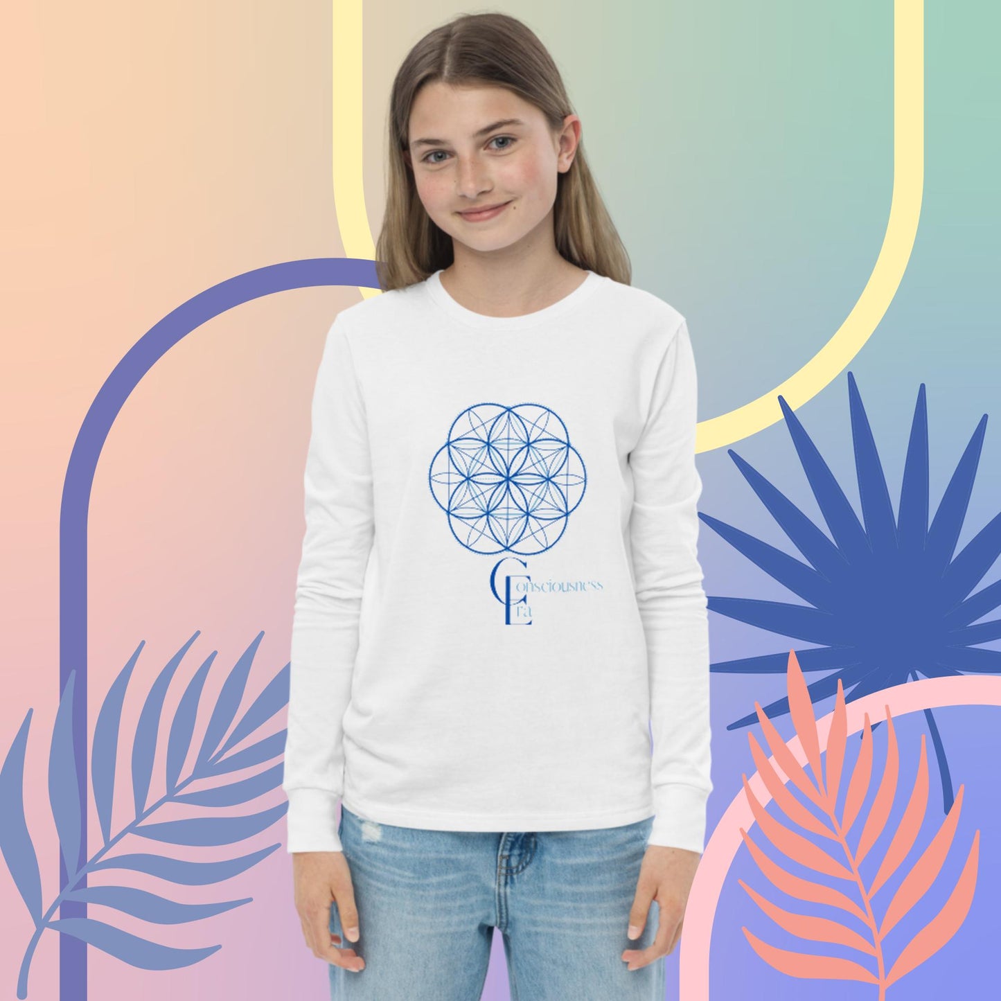 Youth long sleeve tee with Consciousness Era Logo and Sacred Geometry Pattern