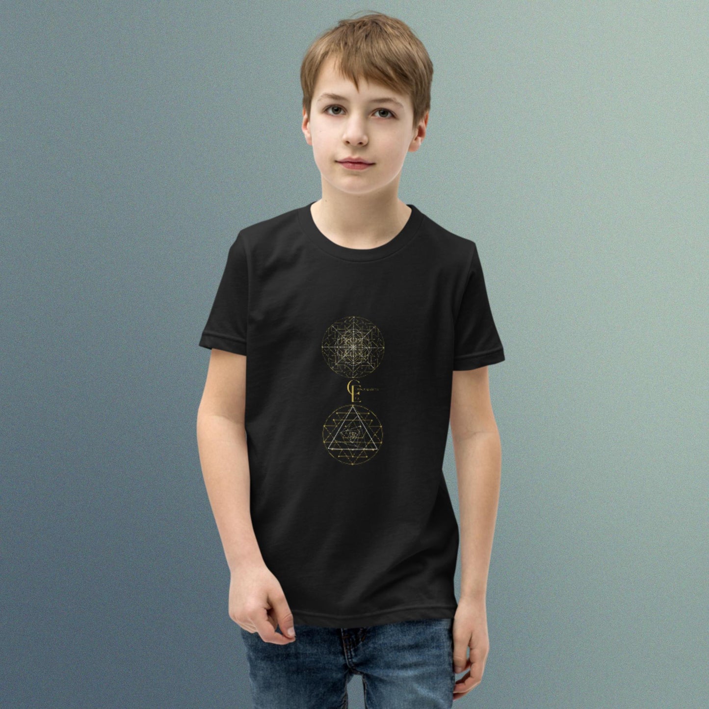 Youth Short Sleeve T-Shirt with Sacred Geometry and Consciousness Era logo