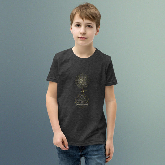 Youth Short Sleeve T-Shirt with Sacred Geometry and Consciousness Era logo