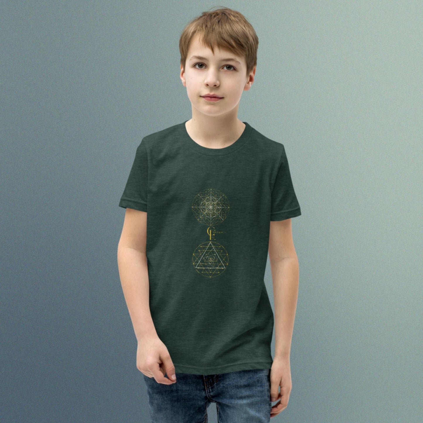 Youth Short Sleeve T-Shirt with Sacred Geometry and Consciousness Era logo